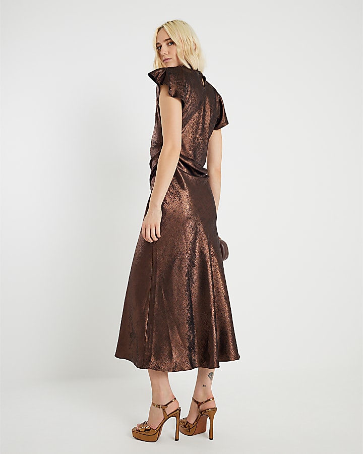 Gold Metallic Cowl Neck Maxi Dress