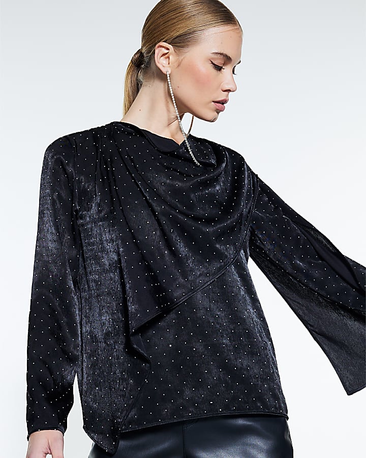 Black Cowl Neck Studded Blouse