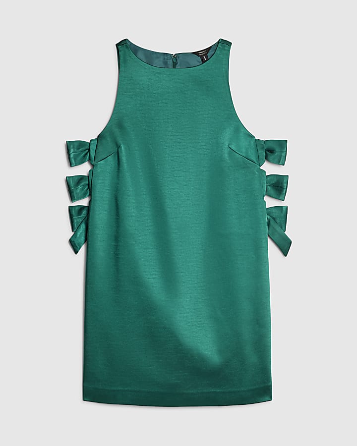 Green Satin Sleeveless Bow Detail Mini Dress