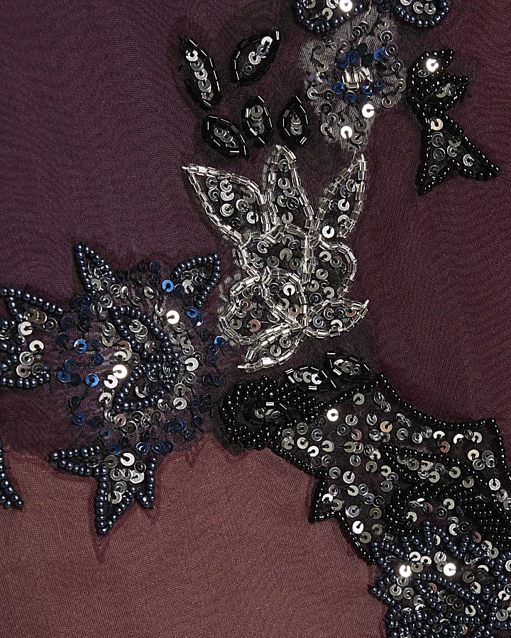 Purple Short Sleeve Embellished Mini Dress