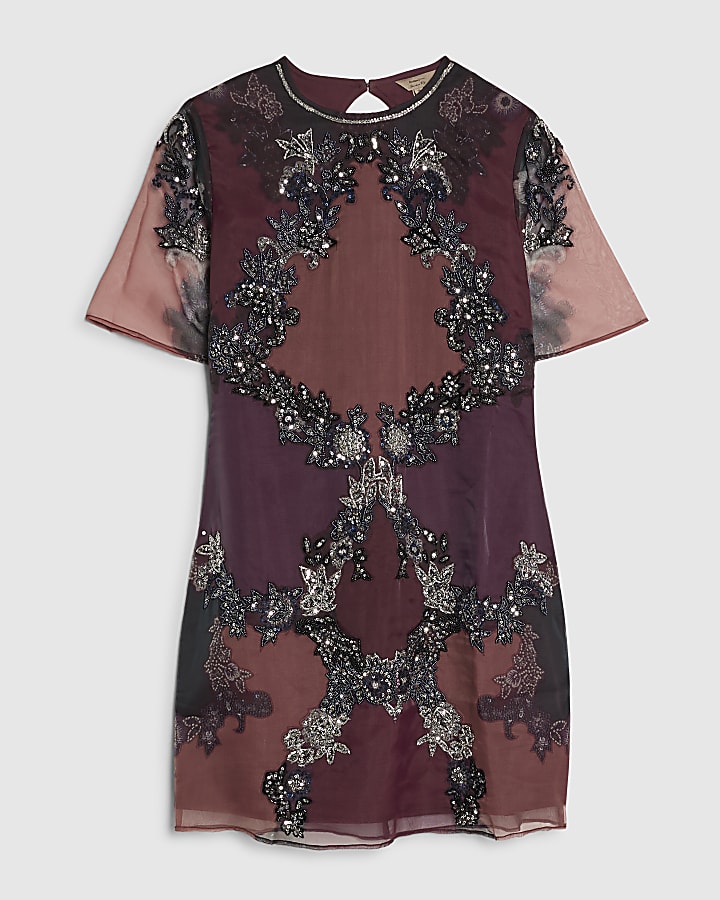 Purple Short Sleeve Embellished Mini Dress