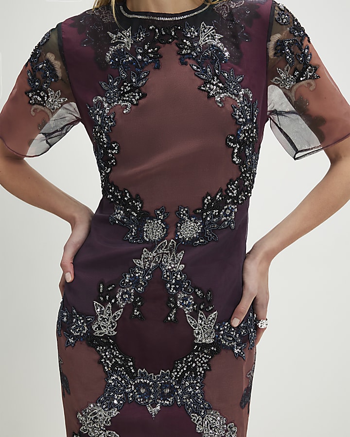 Purple Short Sleeve Embellished Mini Dress