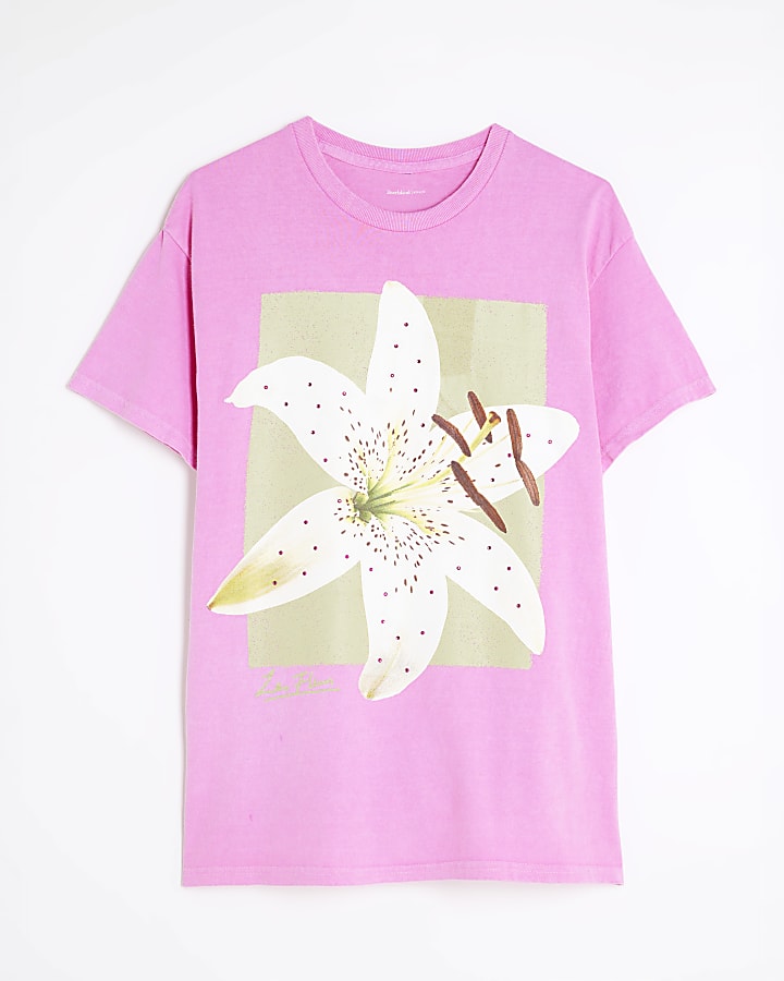 Pink Short Sleeve Photographic Floral T-shirt