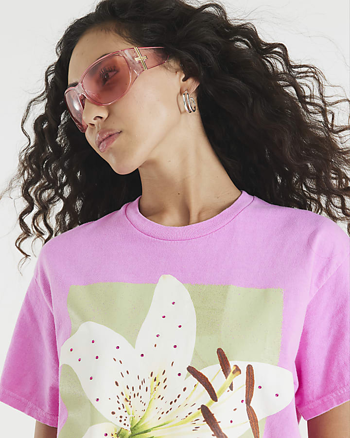 Pink Short Sleeve Photographic Floral T-shirt