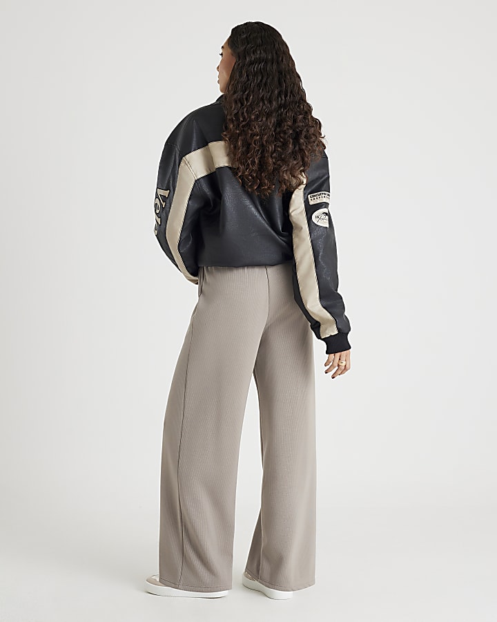 Beige Premium Ribbed Wide Leg Joggers