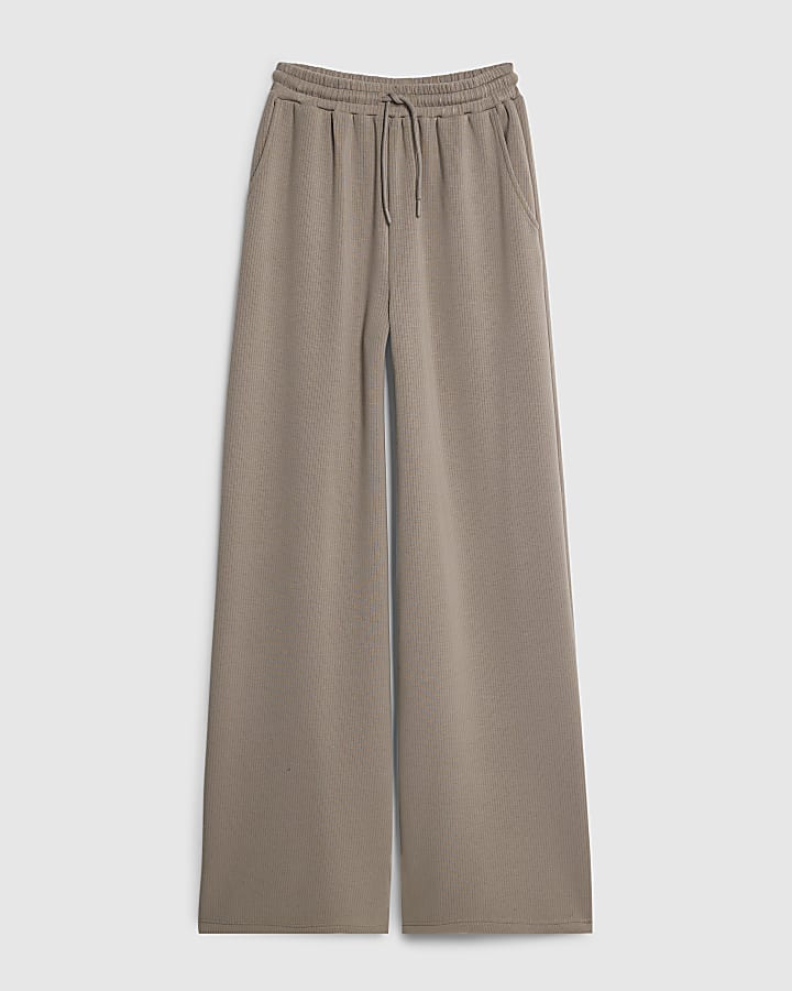 Beige Premium Ribbed Wide Leg Joggers