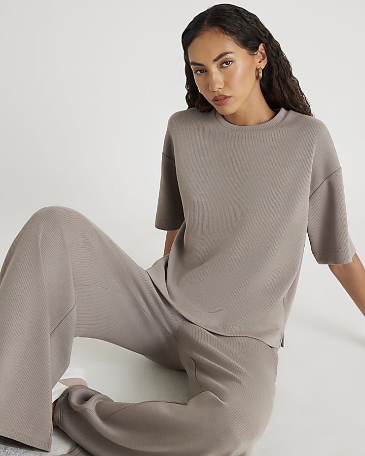 Beige Premium Ribbed Wide Leg Joggers