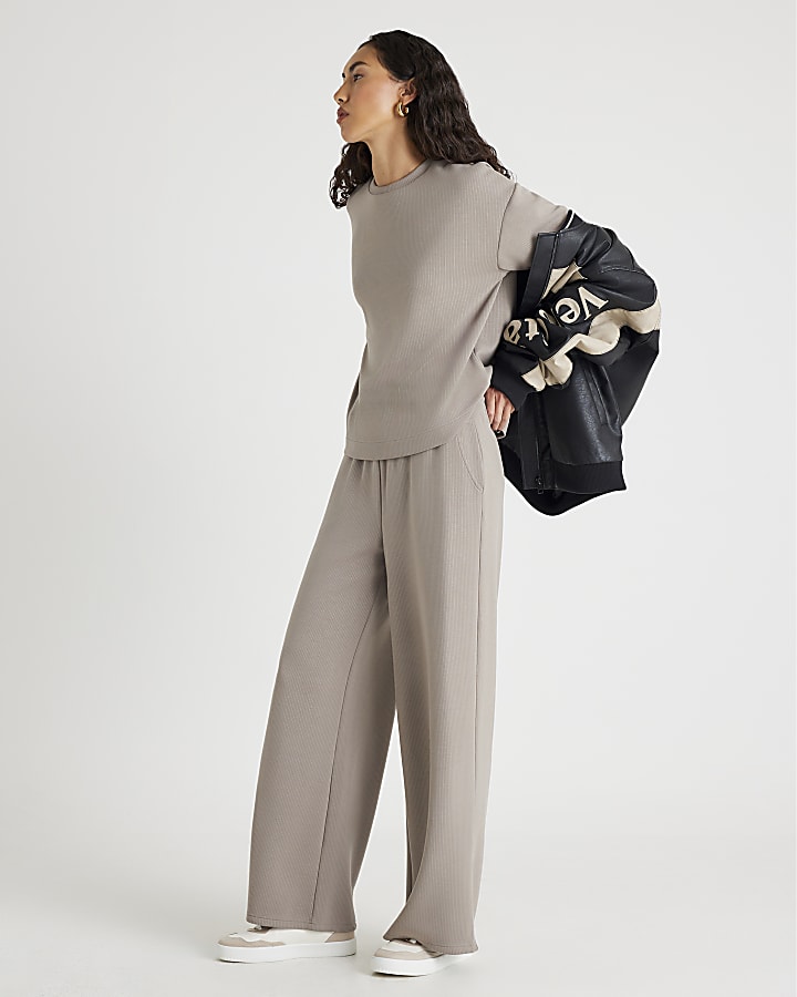 Beige Premium Ribbed Wide Leg Joggers