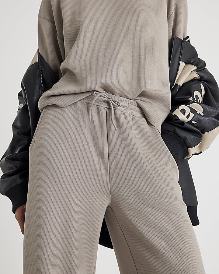 Beige Premium Ribbed Wide Leg Joggers