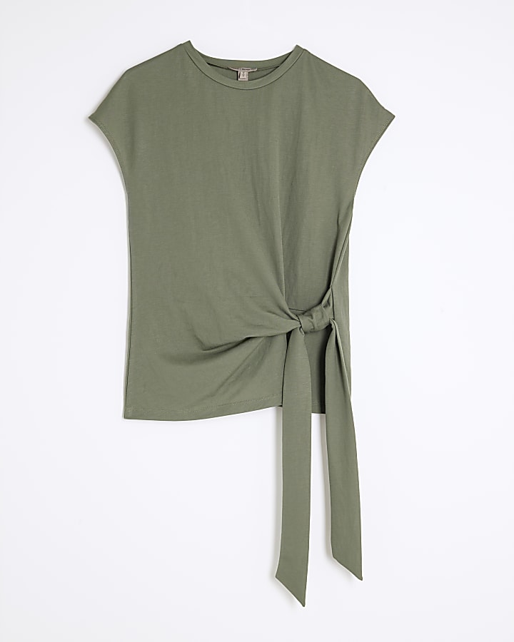 Khaki Short Sleeve Tie Detail T-Shirt