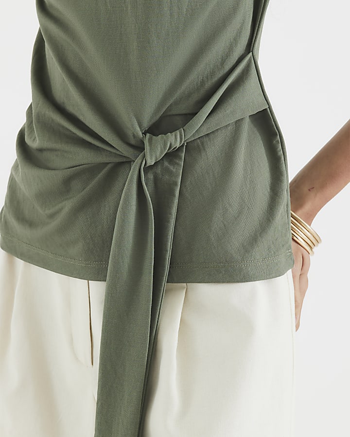 Khaki Short Sleeve Tie Detail T-Shirt