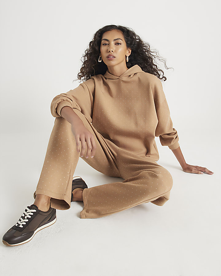 Beige Neoprene Diamante Embellished Joggers