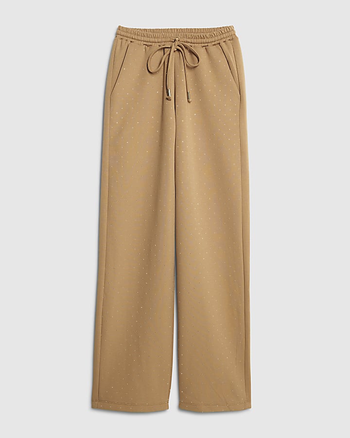 Beige Neoprene Diamante Embellished Joggers
