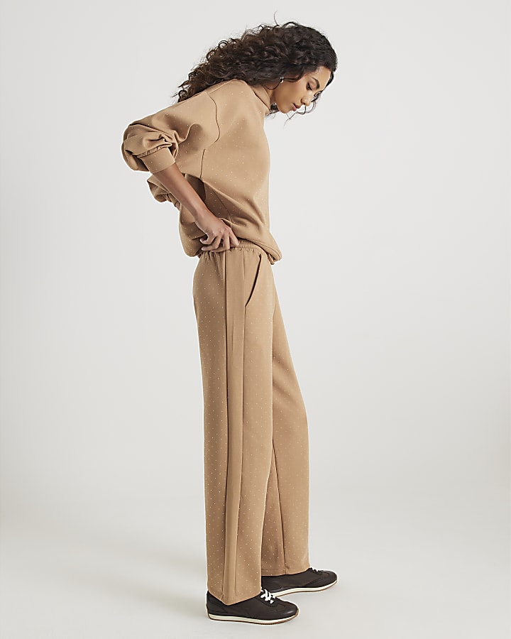 Beige Neoprene Diamante Embellished Joggers