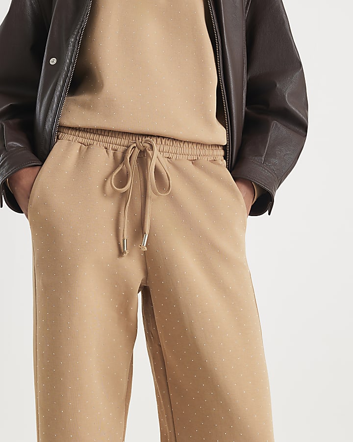 Beige Neoprene Diamante Embellished Joggers