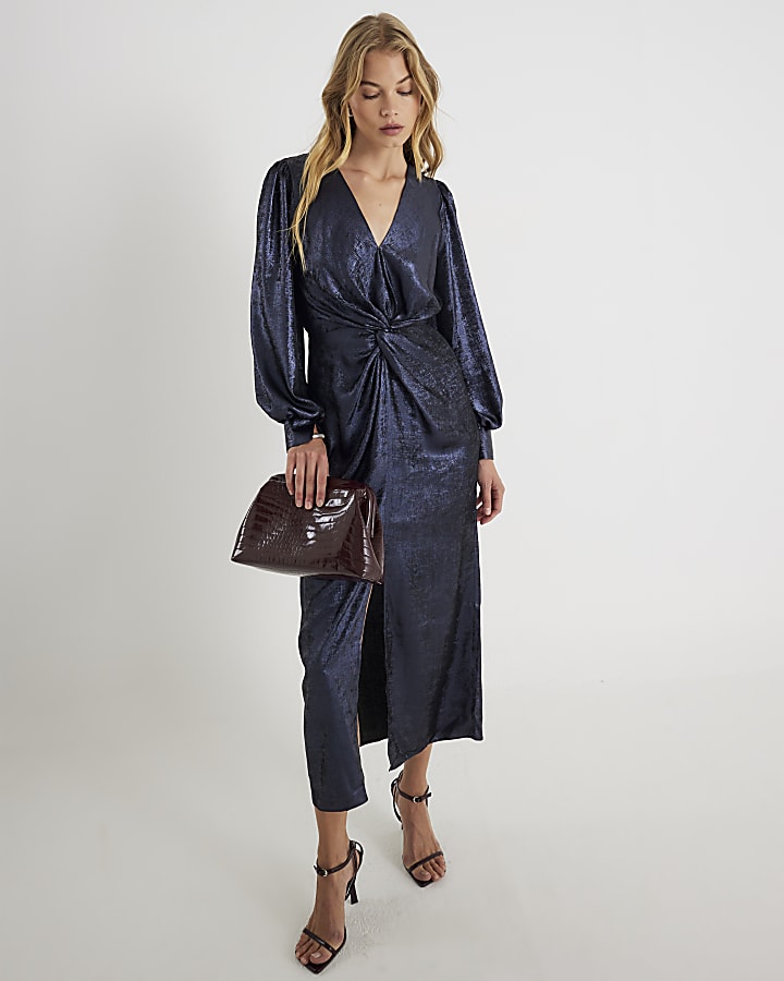 Navy Satin Long Sleeve Twist Front Midi Dress