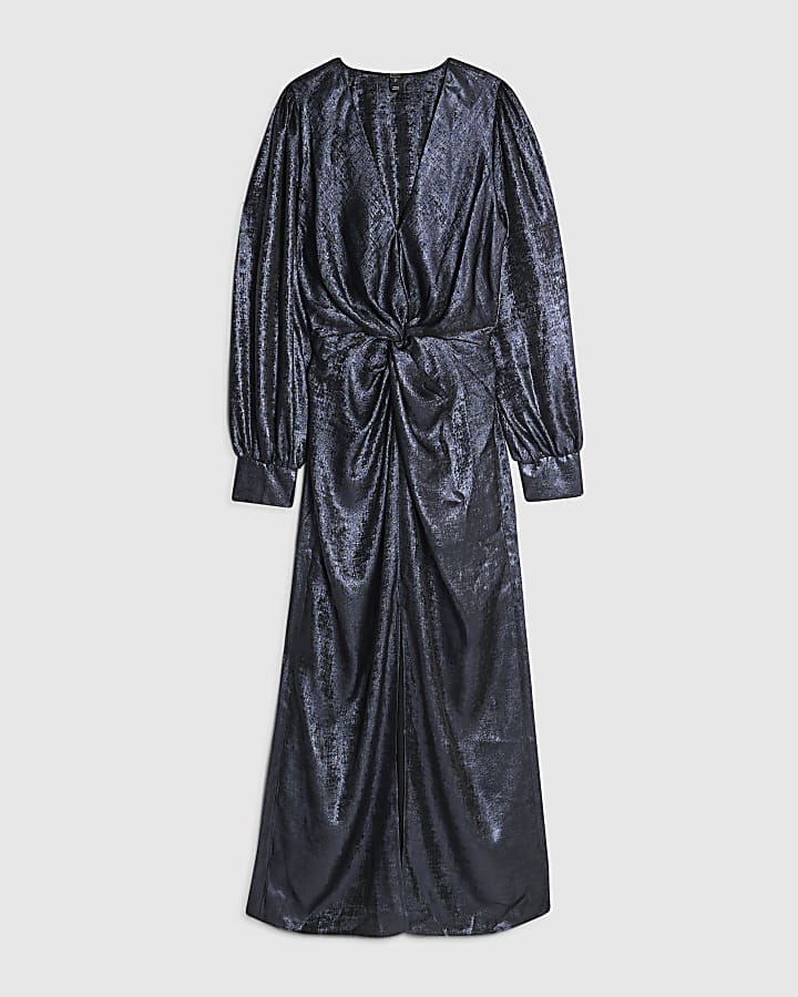 Navy Satin Long Sleeve Twist Front Midi Dress