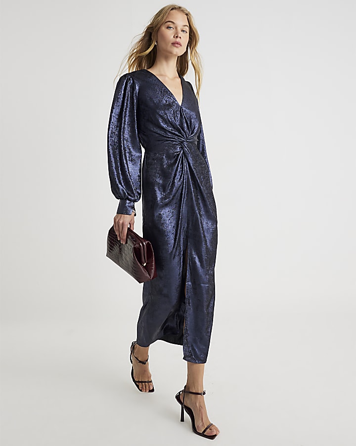 Navy Satin Long Sleeve Twist Front Midi Dress