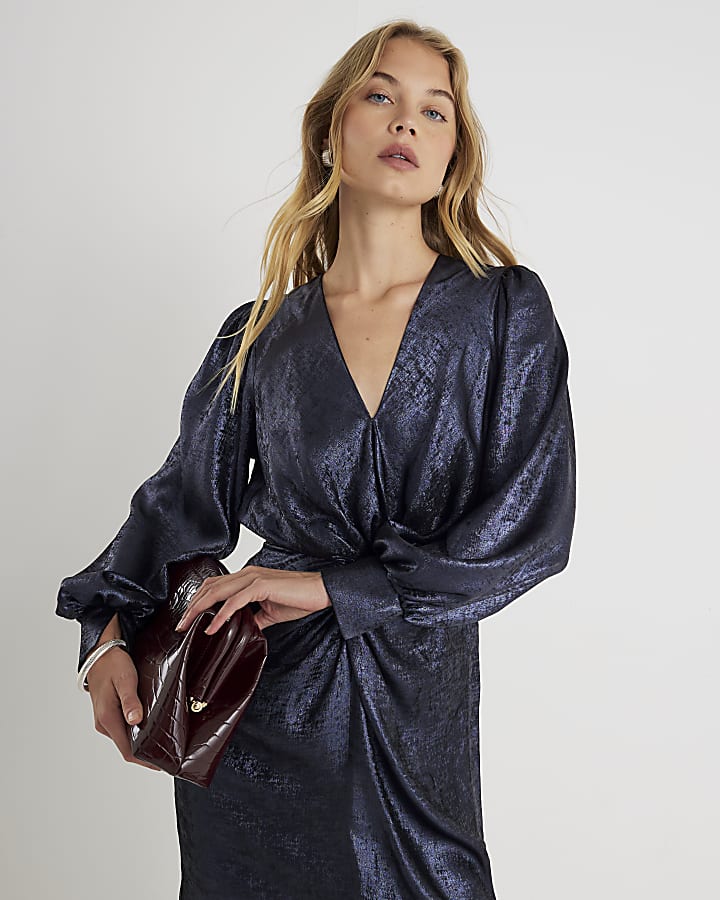 Navy Satin Long Sleeve Twist Front Midi Dress