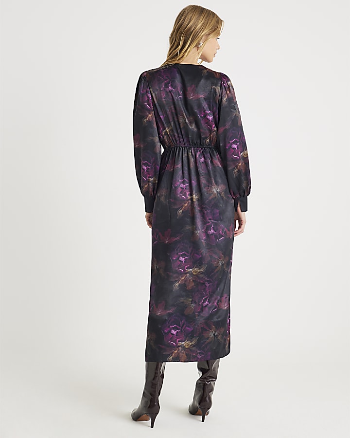 Purple Satin Long Sleeve Twist Front Dress