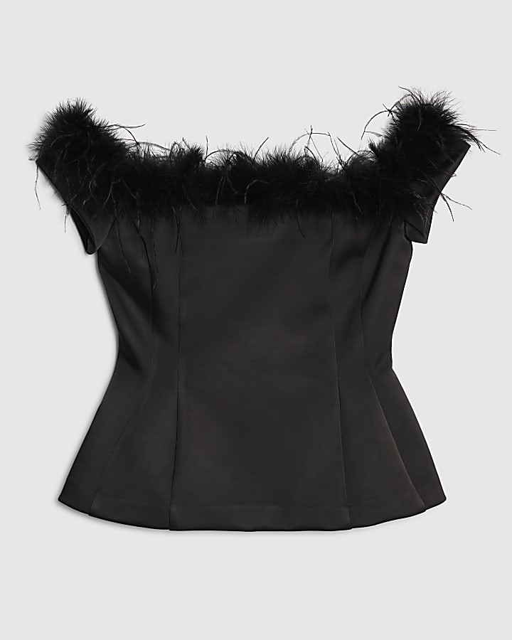 Black Feather Trim Bardot Top