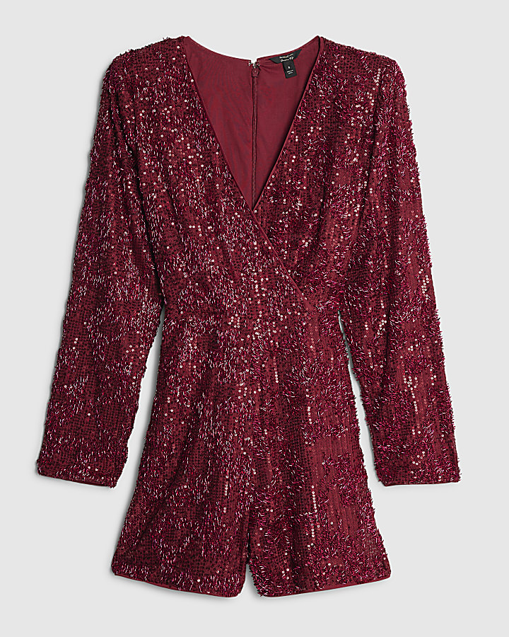 Red Long Sleeve Sequin Belted Playsuit