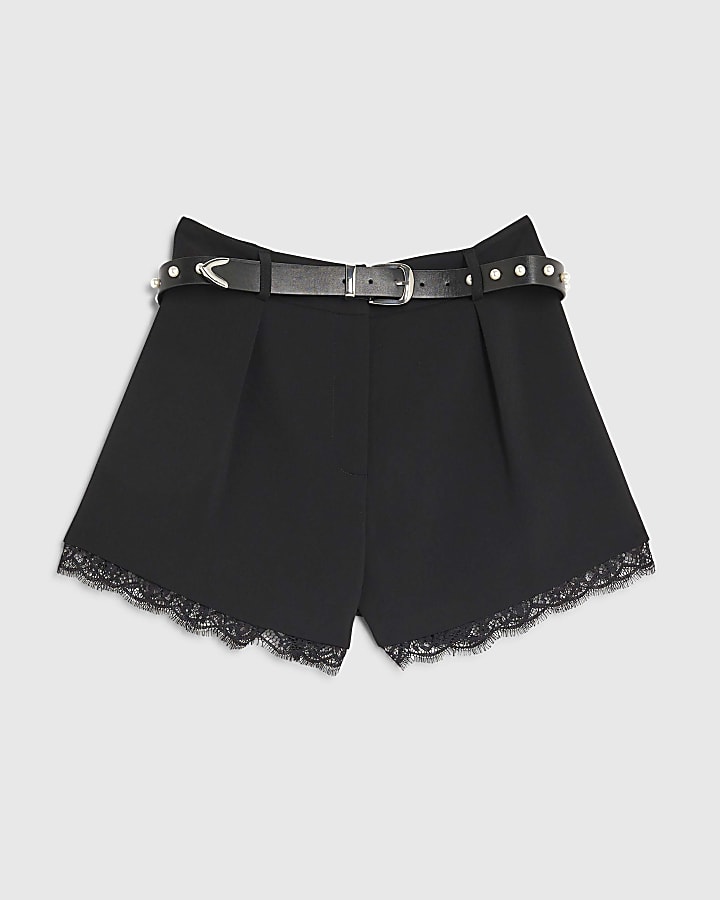 Black Lace Trim Tailored Shorts