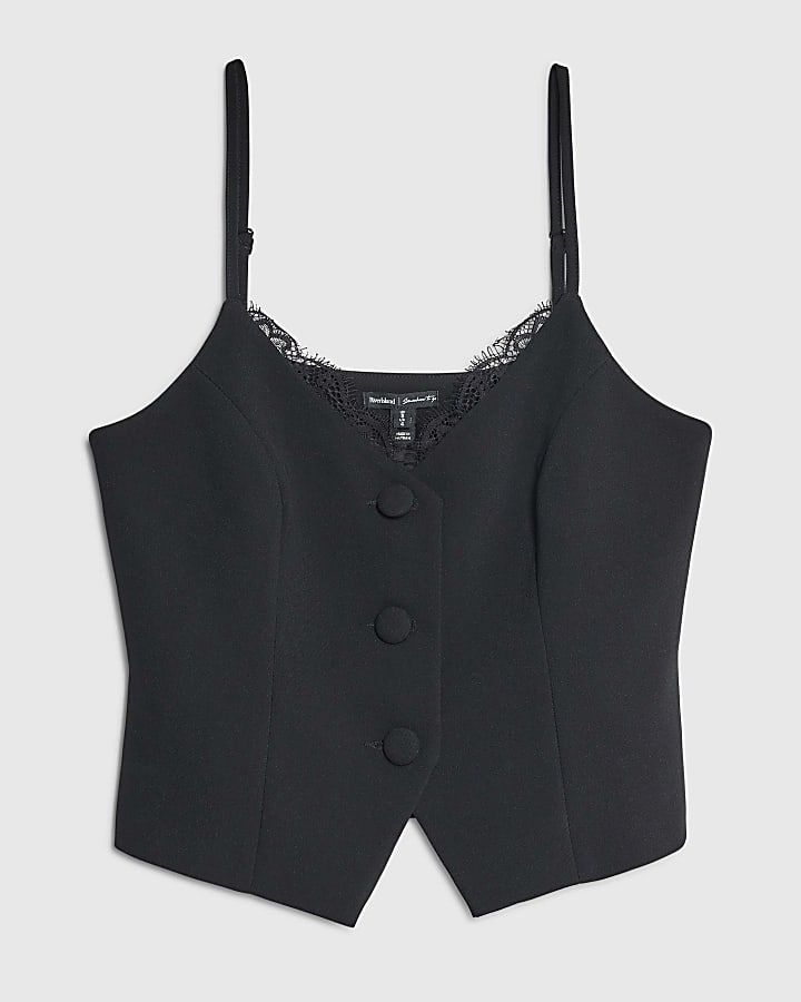 Black Sleeveless Lace Trim Waistcoat