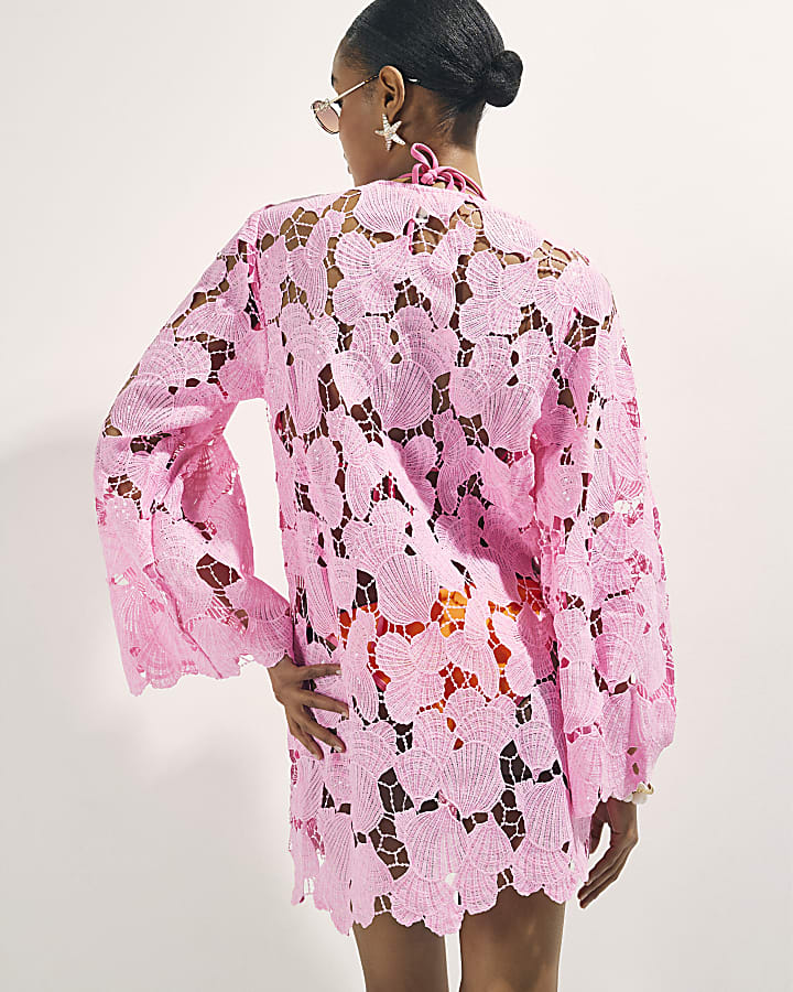 Pink Lace Mini Beach Tunic Dress