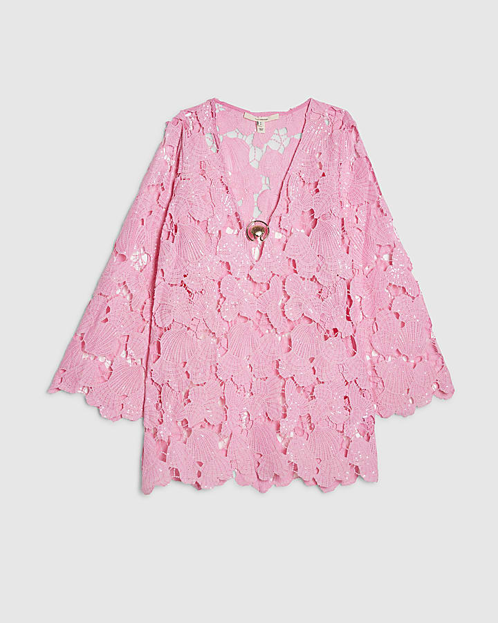 Pink Lace Mini Beach Dress