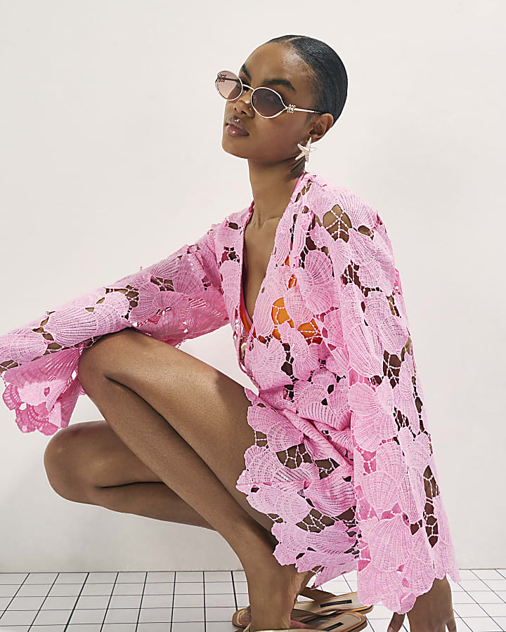 Pink Lace Mini Beach Tunic Dress