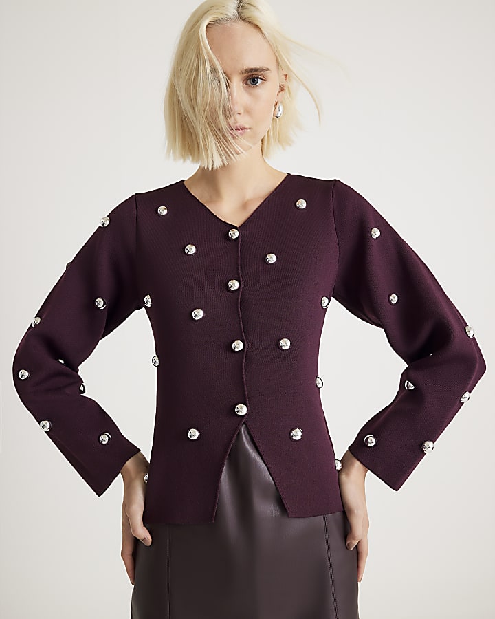 Red Knitted Studded Cardigan