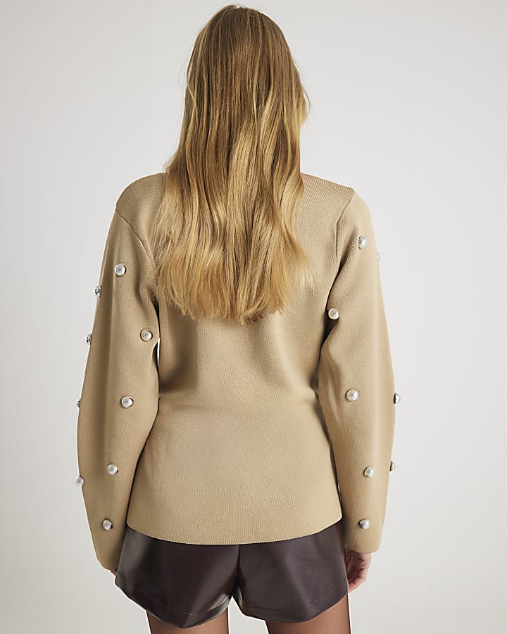 Brown Knitted Studded Cardigan