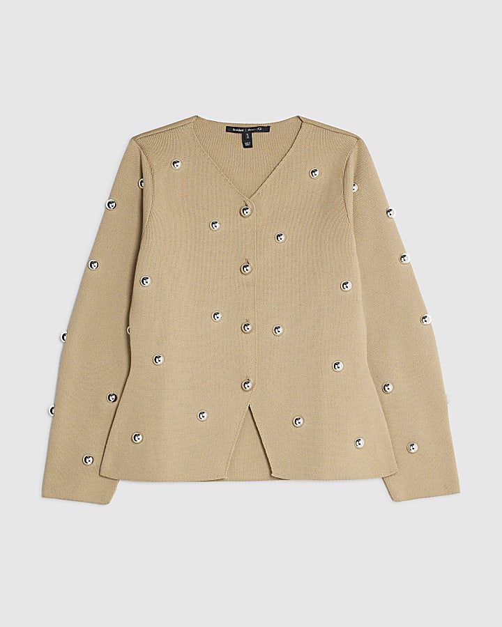 Brown Knitted Studded Cardigan