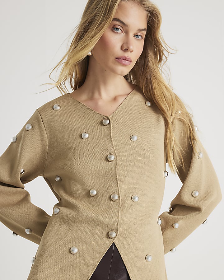 Brown Knitted Studded Cardigan