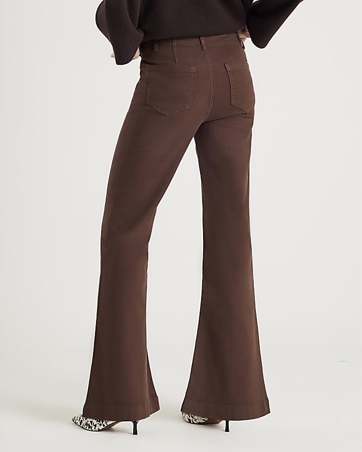 Brown Zip Front Relaxed Flared Jeans