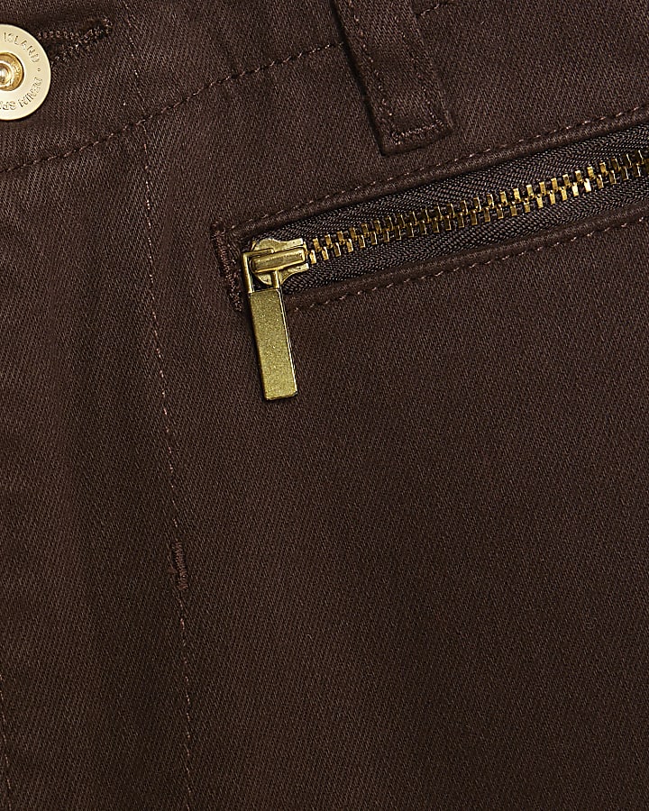 Brown Zip Front Relaxed Flared Jeans