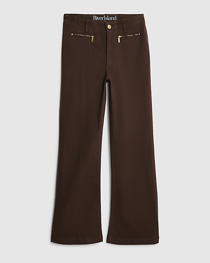 Brown Zip Front Relaxed Flared Jeans