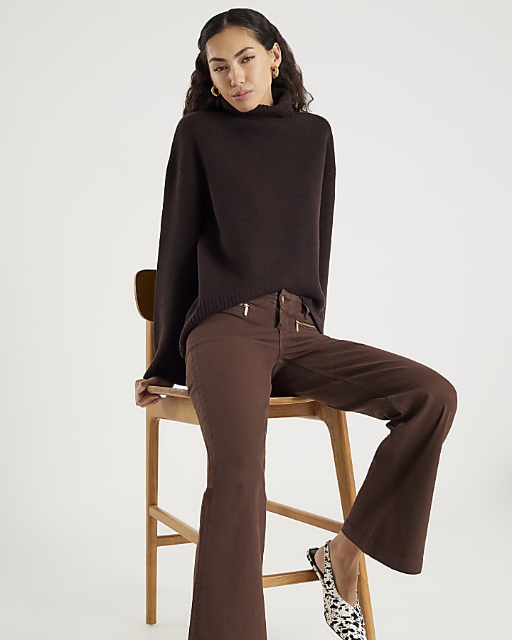 Brown Zip Front Relaxed Flared Jeans