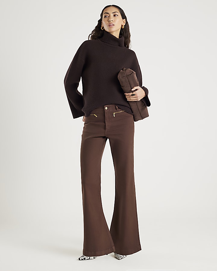 Brown Zip Front Relaxed Flared Jeans