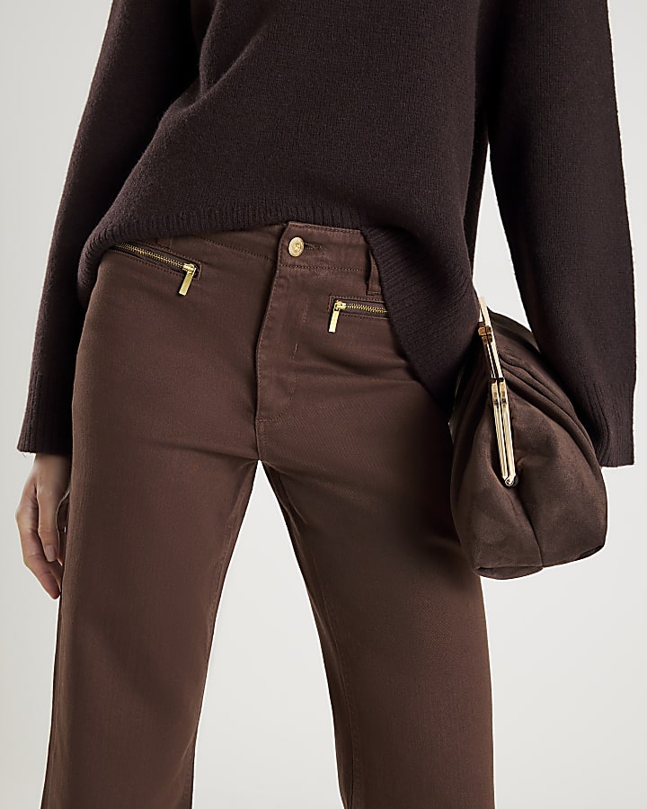 Brown Zip Front Relaxed Flared Jeans