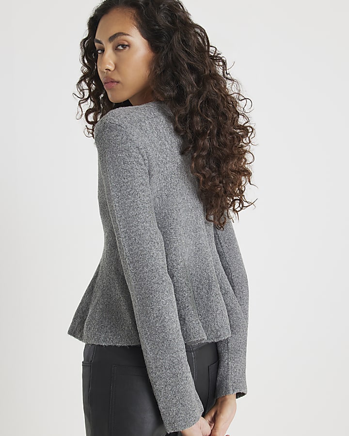 Grey Knitted Peplum Cardigan