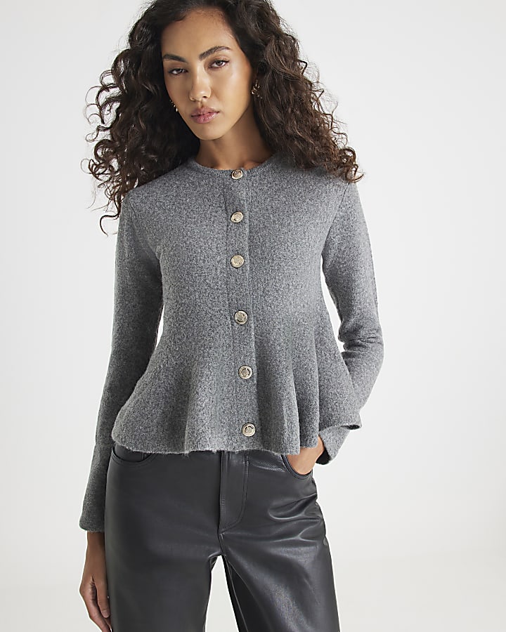Grey Knitted Peplum Cardigan