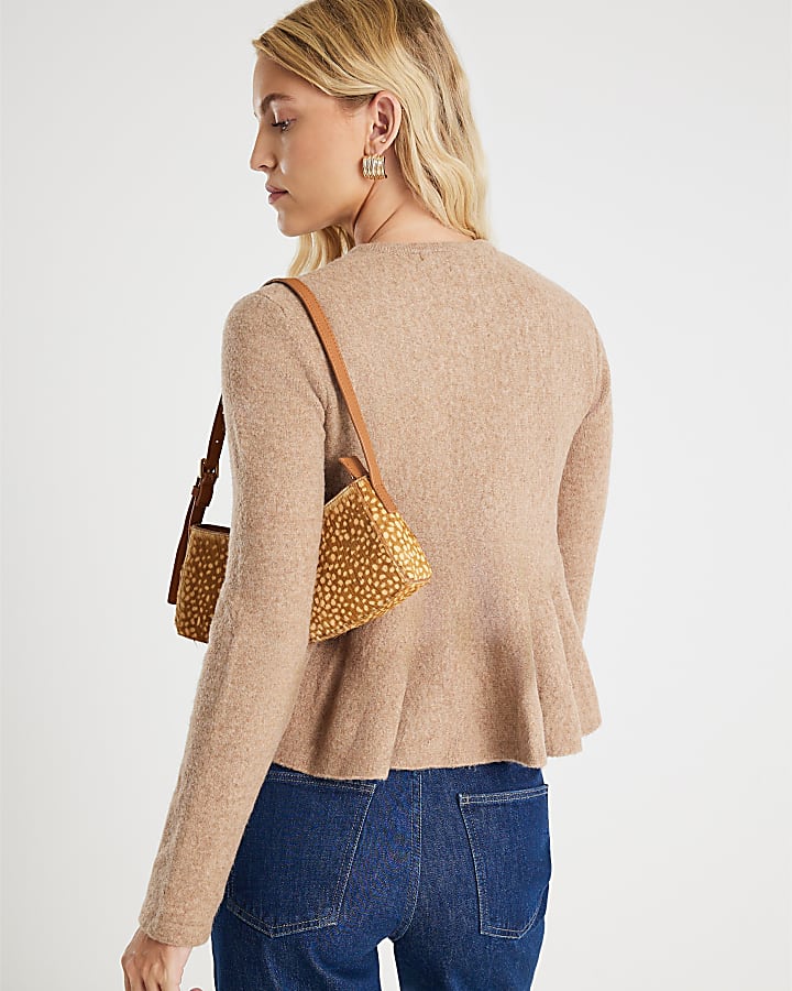 Brown Knitted Peplum Cardigan