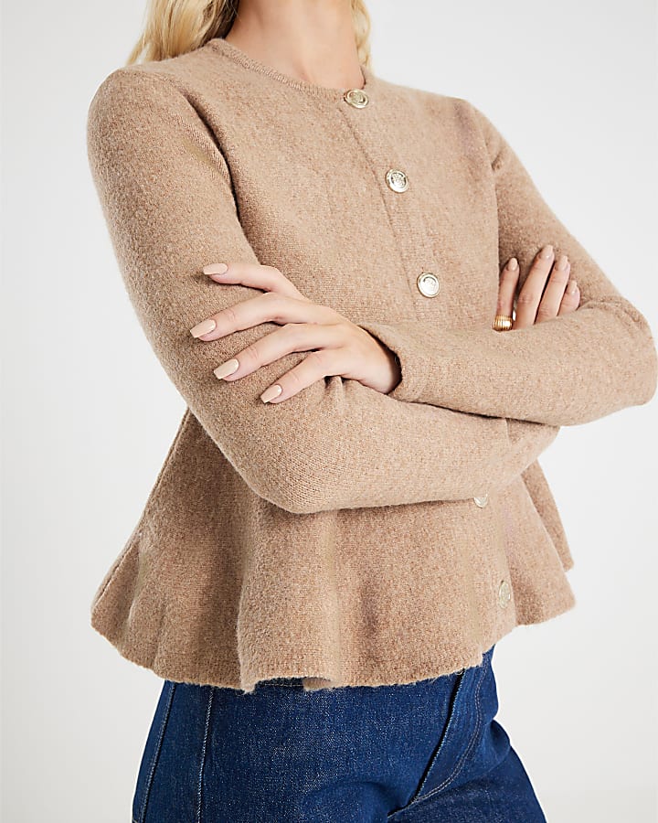 Brown Knitted Peplum Cardigan