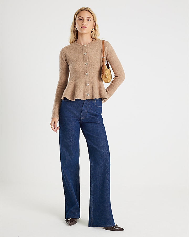 Brown Knitted Peplum Cardigan