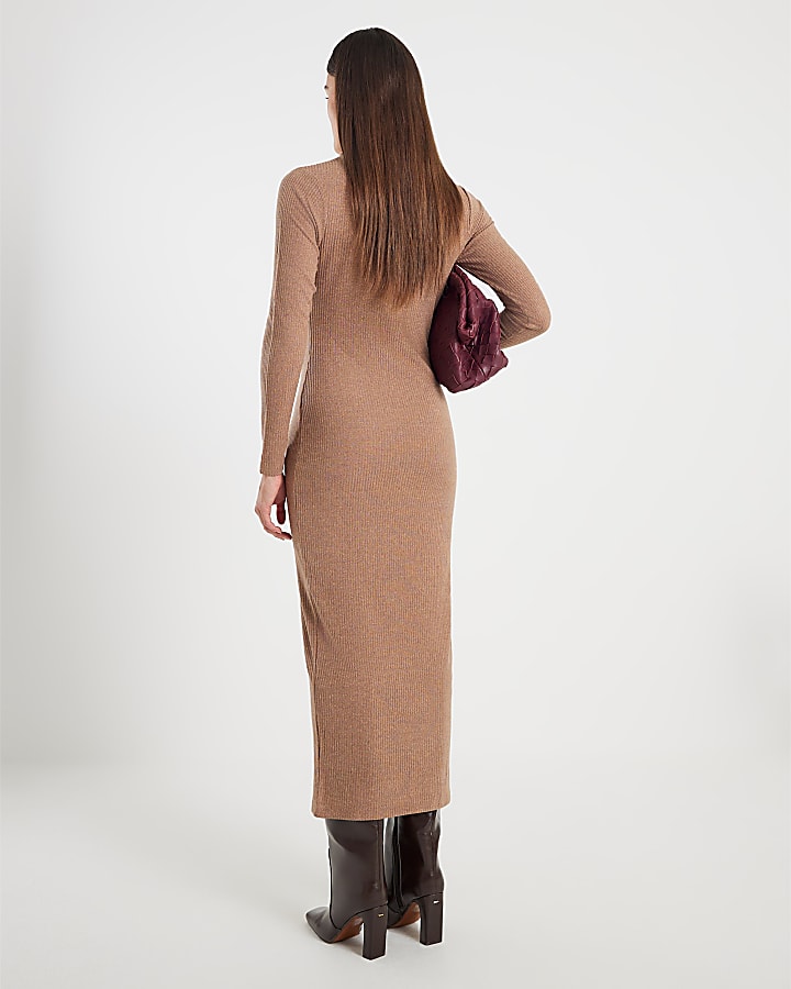 Brown Long Sleeve Scarf Tie Neck Midi Dress