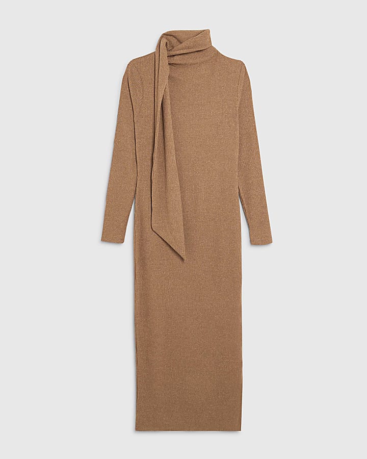 Brown Long Sleeve Scarf Tie Neck Midi Dress