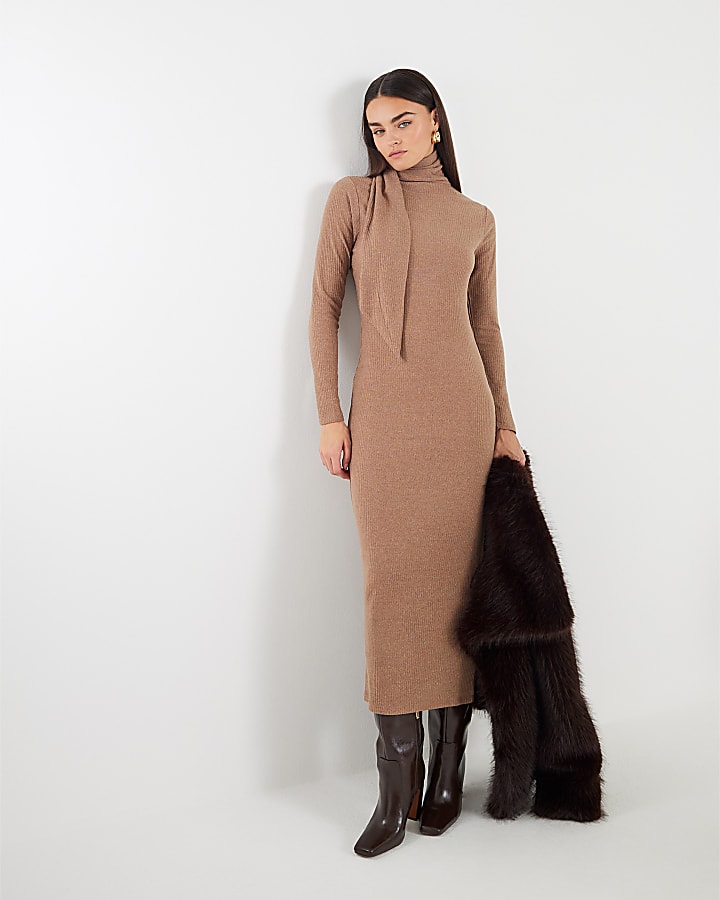 Brown Long Sleeve Scarf Tie Neck Midi Dress