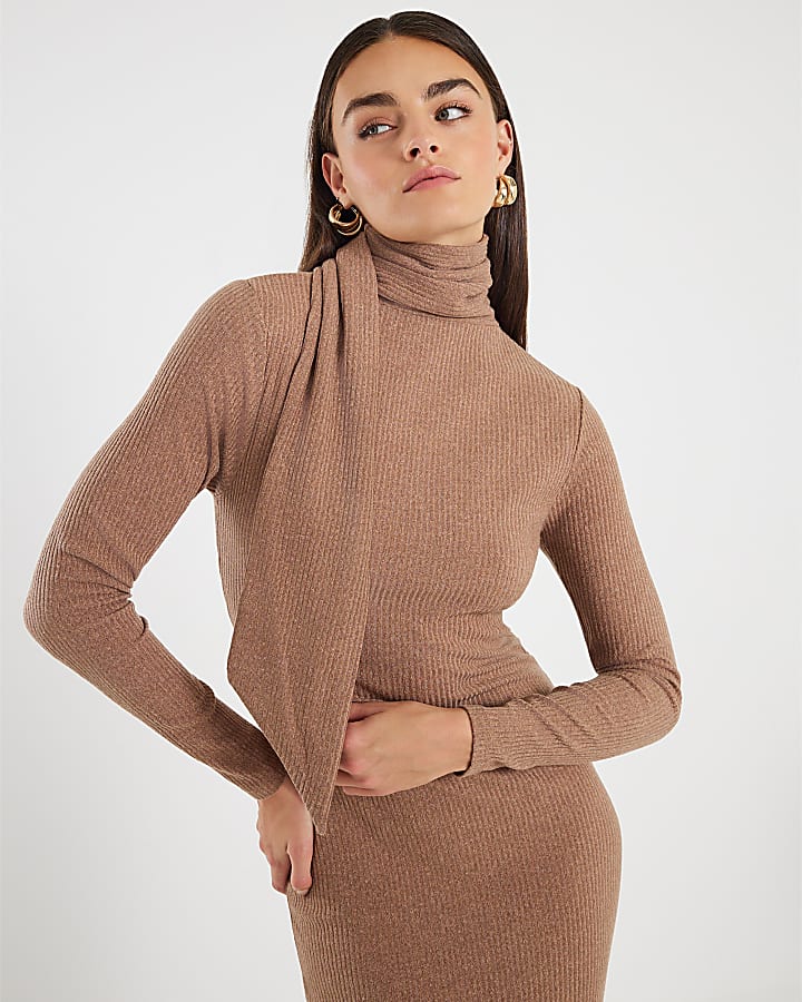 Brown Long Sleeve Scarf Tie Neck Midi Dress